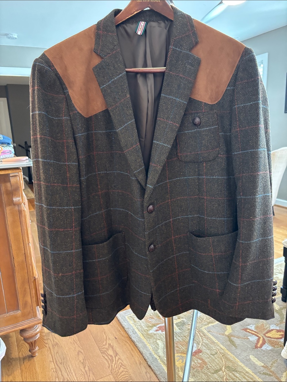 Men's Brown Windowpane Sport Coat with Suede Yoke